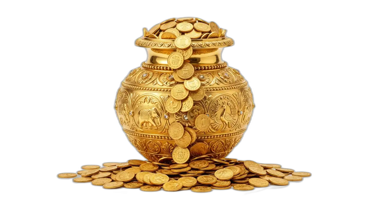 Free Download Golden Kalash With Coins Png High Quality Image - High Quality Golden Puja Kalash With Gold Coins Png Transparent PNG