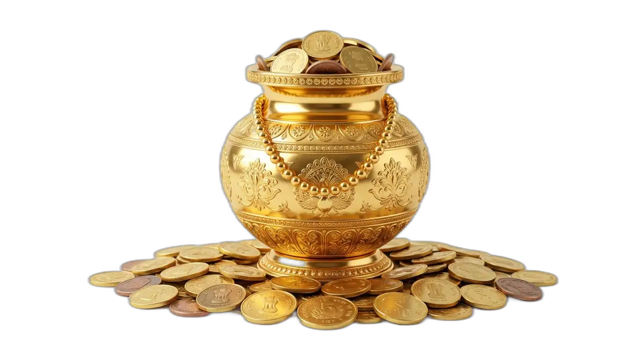 Free Download Golden Kalash With Rupee Coins Png Image - High Quality Golden Puja Kalash With Gold Coins Png Transparent PNG