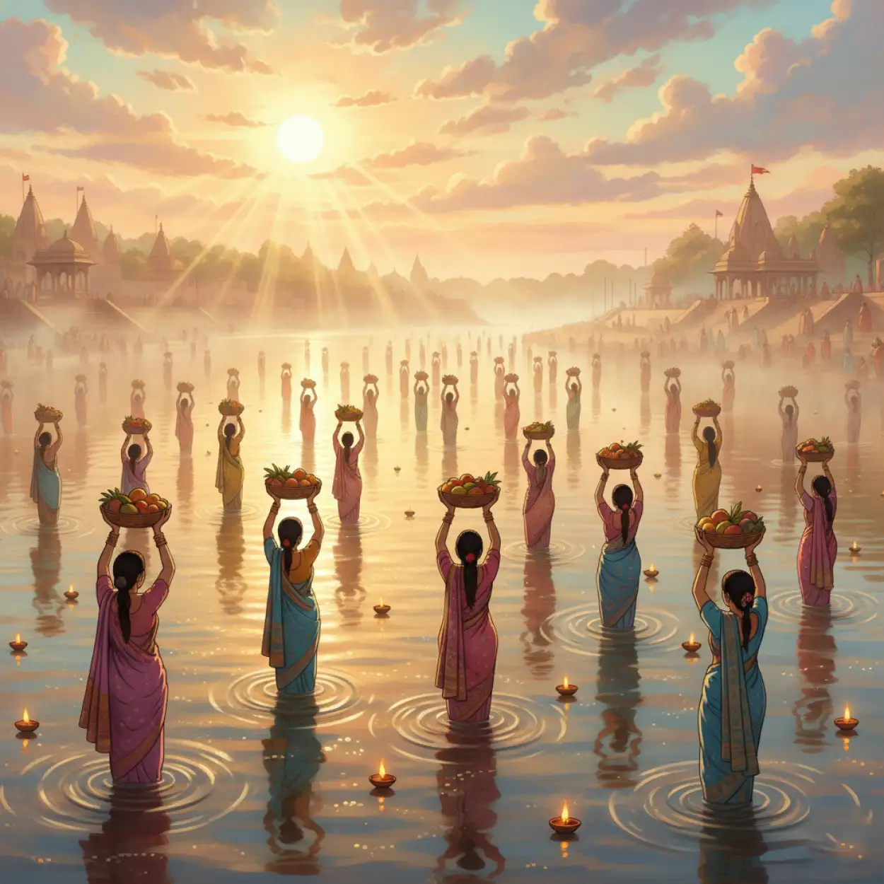 Free Download Golden Light Chhath Puja Background With Diya Reflection - High Quality Chhath Puja Background Background Image