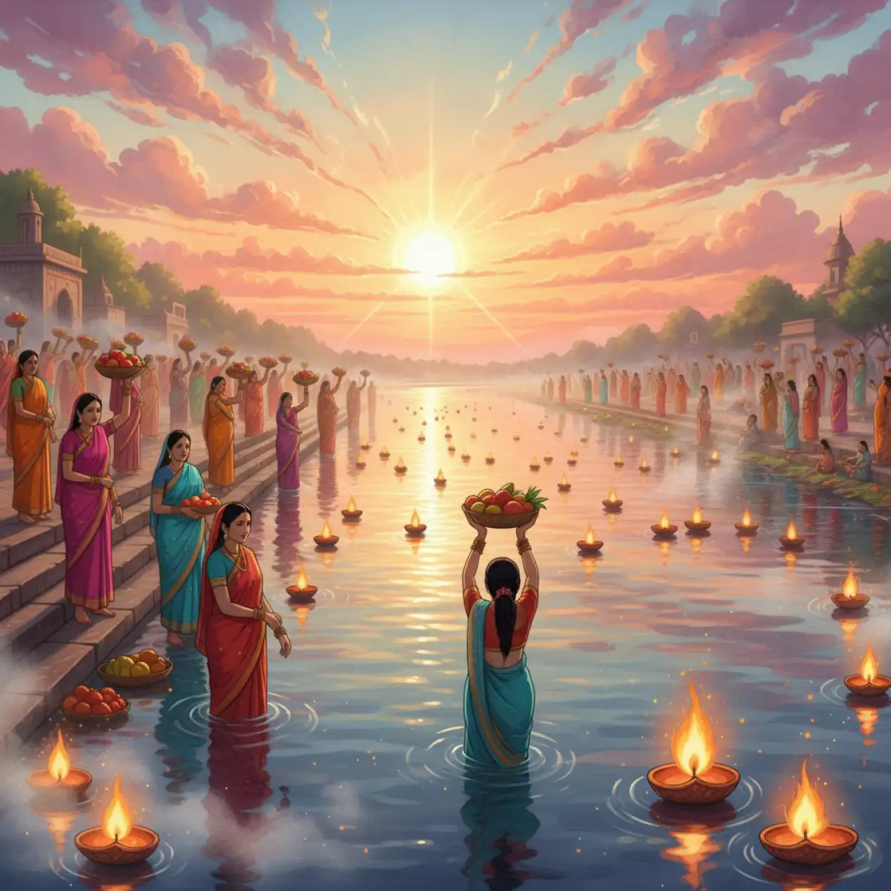 Free Download Golden Sunrise Chhath Puja Background For Poster - High Quality Chhath Puja Background Background Image