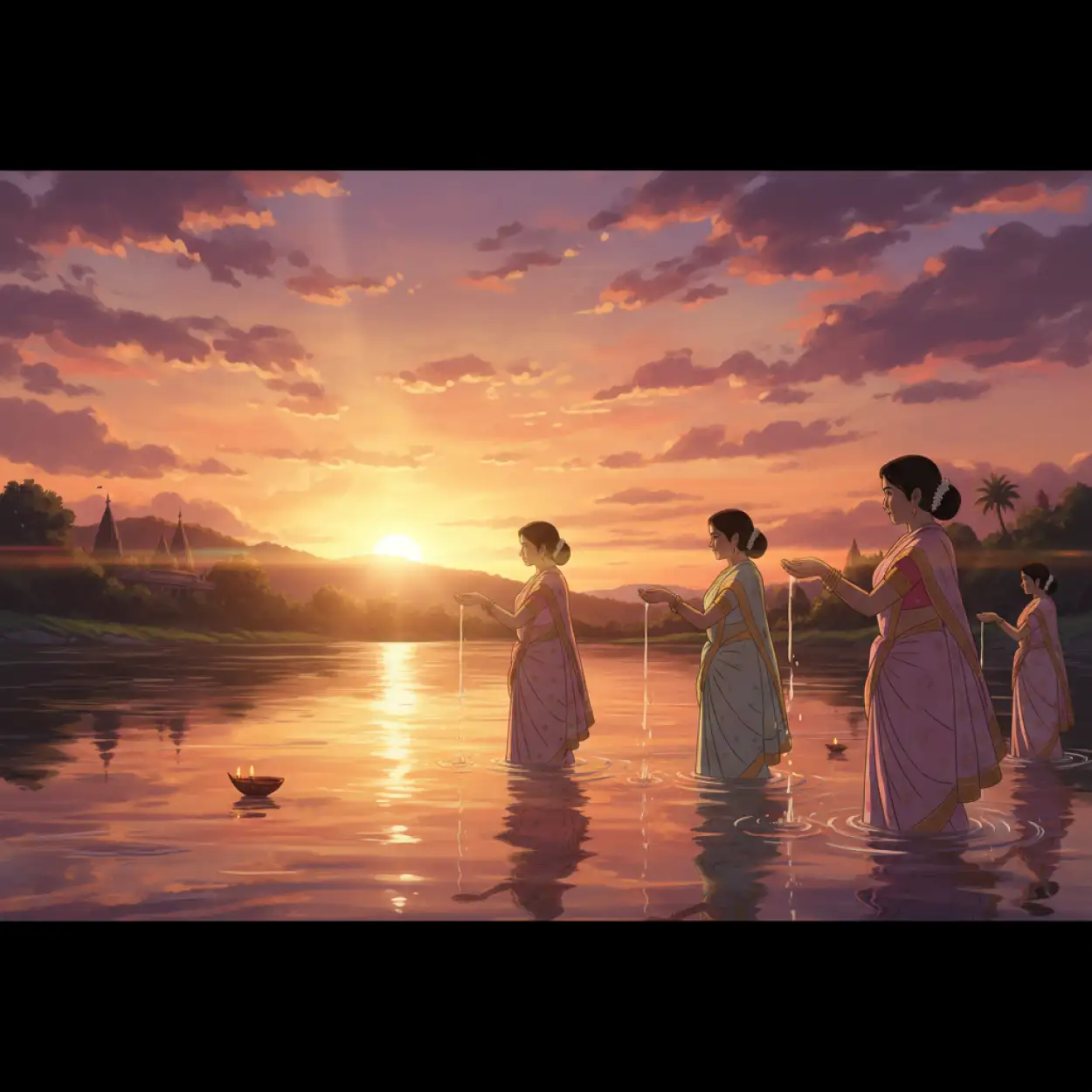 Free Download Happy Chhath Puja Greetings With Holy Water Reflection - High Quality Happy Chhath Puja Greetings Image