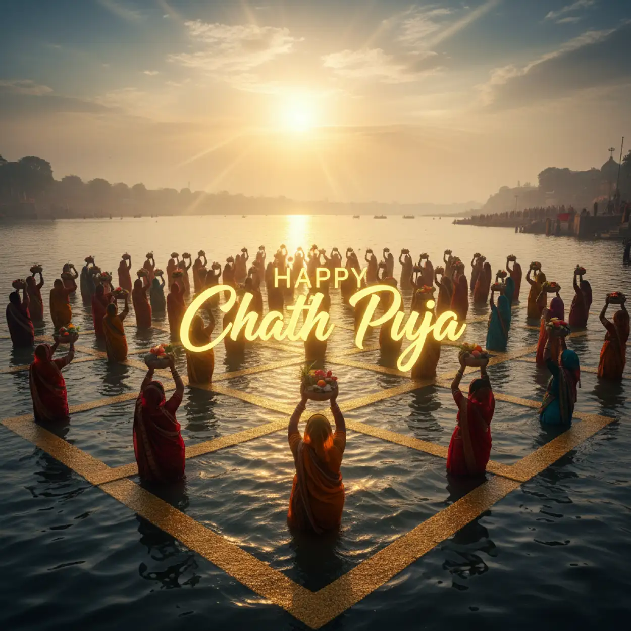 Free Download Happy Chhath Puja Greetings With Sunset Background - High Quality Happy Chhath Puja Greetings Background