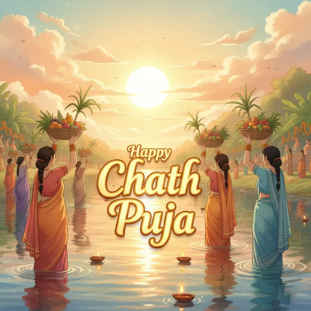 Free Download Happy Chhath Puja Wishes With Diya And River Scene - High Quality Happy Chhath Puja Background