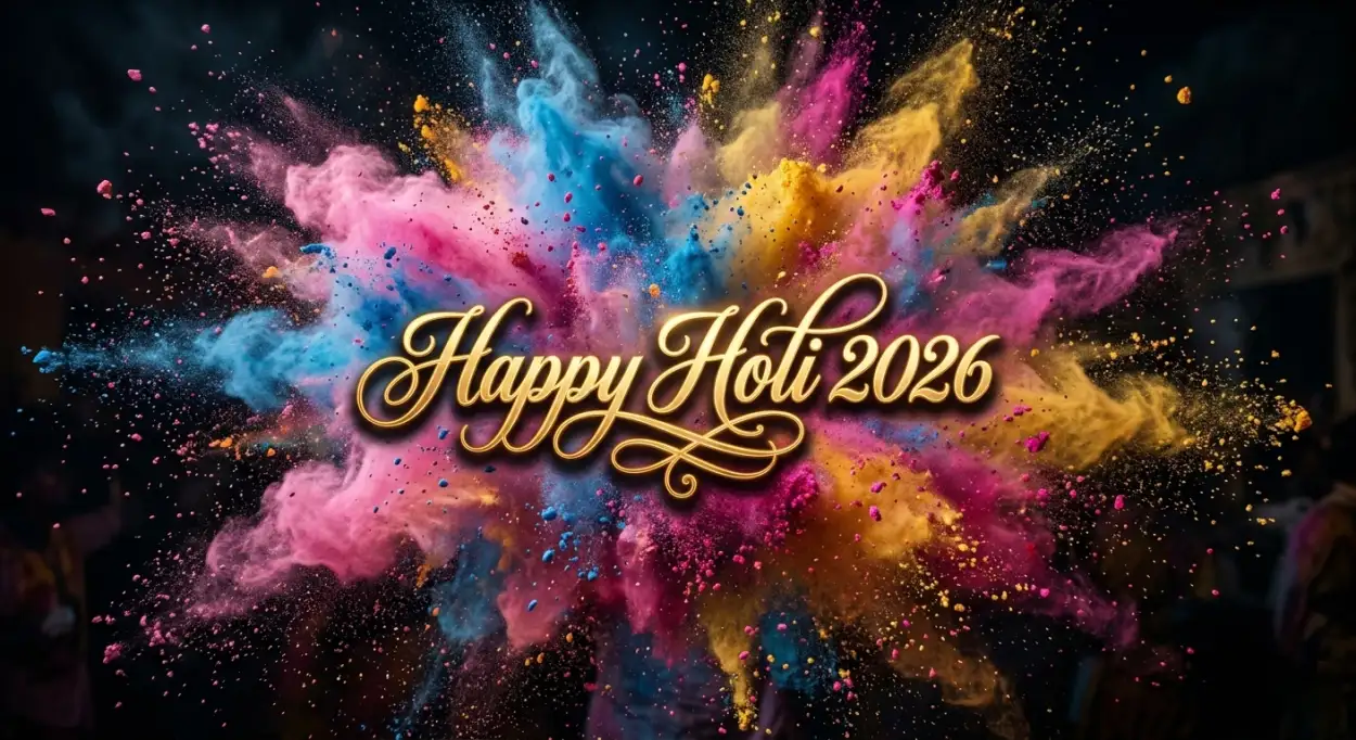 Free Download Happy Holi 2026 Greeting Card Calligraphy Text 2 - High Quality Happy Holi Greeting Card 2026 Image