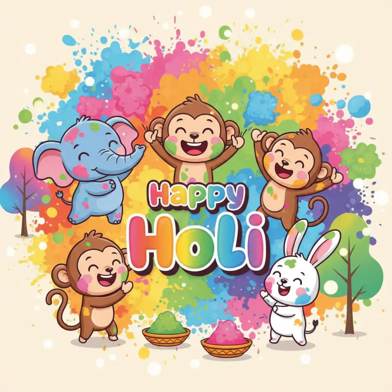 Free Download Happy Holi Greeting Card Cute Cartoon Theme - High Quality Happy Holi Greeting Card Design 2026 Image