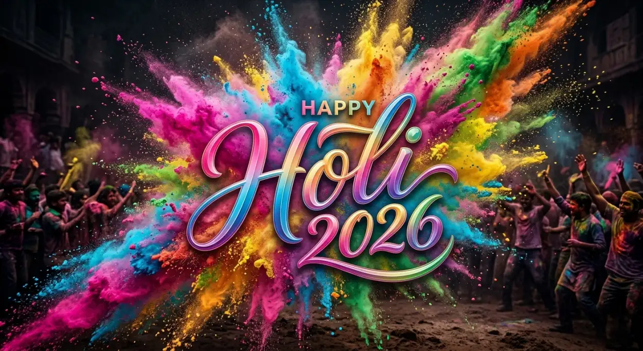 Free Download Happy Holi Wishes 2026 Artistic Brush Font Typography - High Quality Happy Holi Wishes 2026 Image
