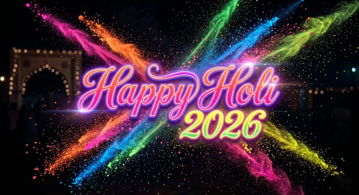 Free Download Happy Holi Wishes 2026 Colorful Powder Splash Text - High Quality Happy Holi Wishes 2026 Image