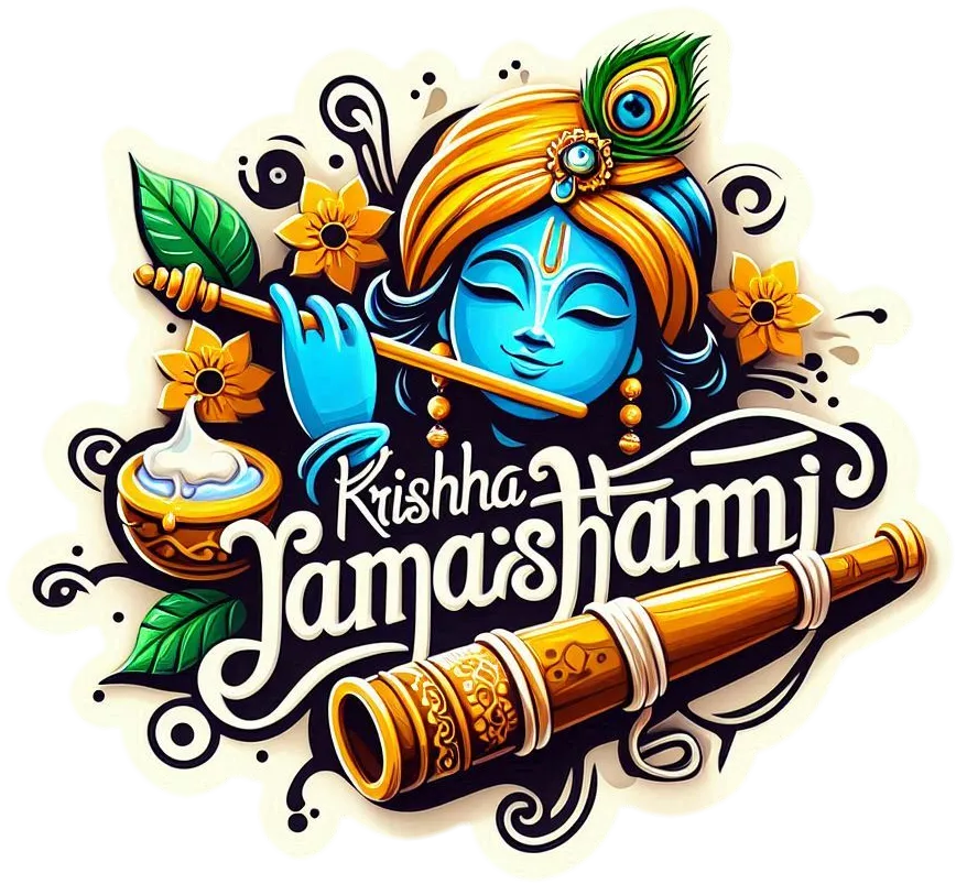 Free Download Happy Krishna Janmashtami Calligraphy Greeting Text With Dahi Handi And Flute - High Quality Happy Krishna Janmashtami PNG Image