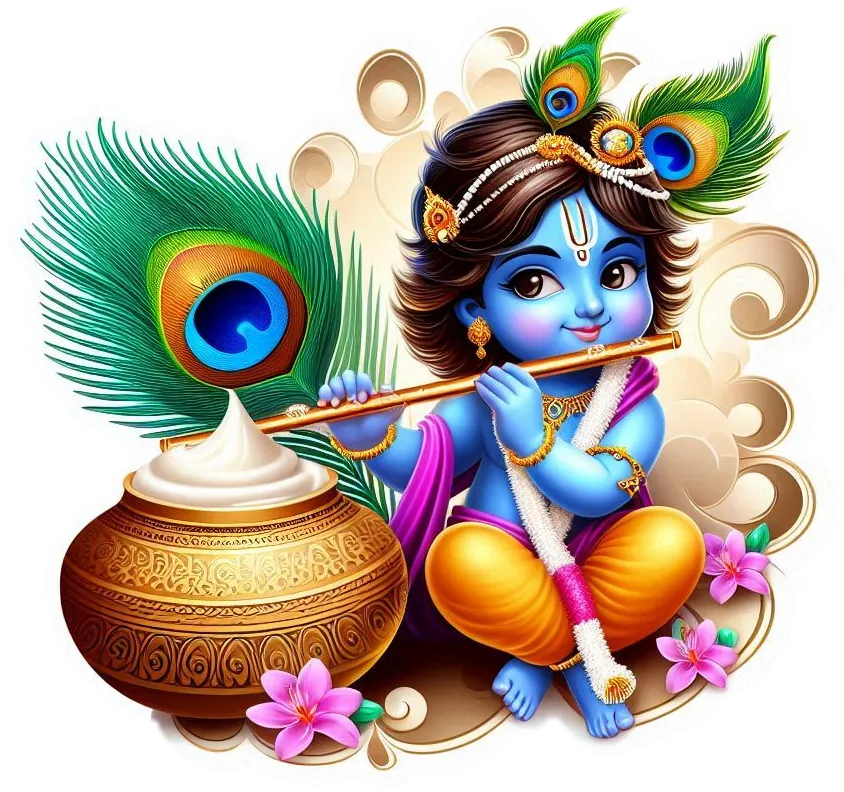 Happy Krishna Janmashtami Png For Social Media Posts With Dahi Handi Flute Peacock Feather And Baby Krishna Eating Butter - Royalty Free Happy Krishna Janmashtami Image | Pngmagic Free Download Happy Krishna Janmashtami Png For Social Media Posts With Dahi Handi Flute Peacock Feather And Baby Krishna Eating Butter - High Quality Happy Krishna Janmashtami PNG Image