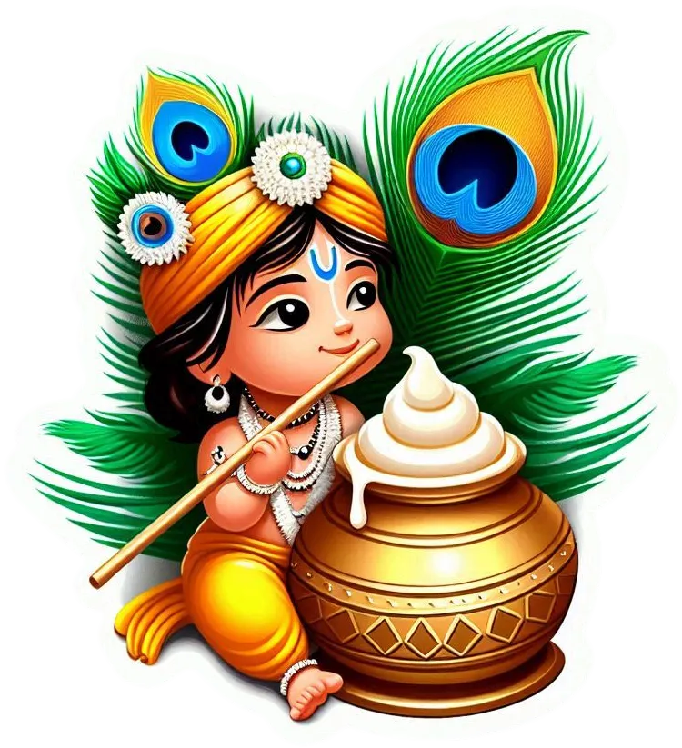 Free Download Happy Krishna Janmashtami Png For Whatsapp Status With Dahi Handi Flute Peacock Feather And Baby Krishna Eating Butter - High Quality Happy Krishna Janmashtami PNG Image
