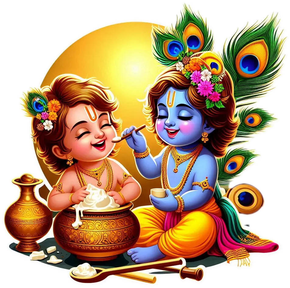 Free Download Happy Krishna Janmashtami Png With Dahi Handi Flute Peacock Feather And Baby Krishna Eating Butter - High Quality Happy Krishna Janmashtami PNG Image