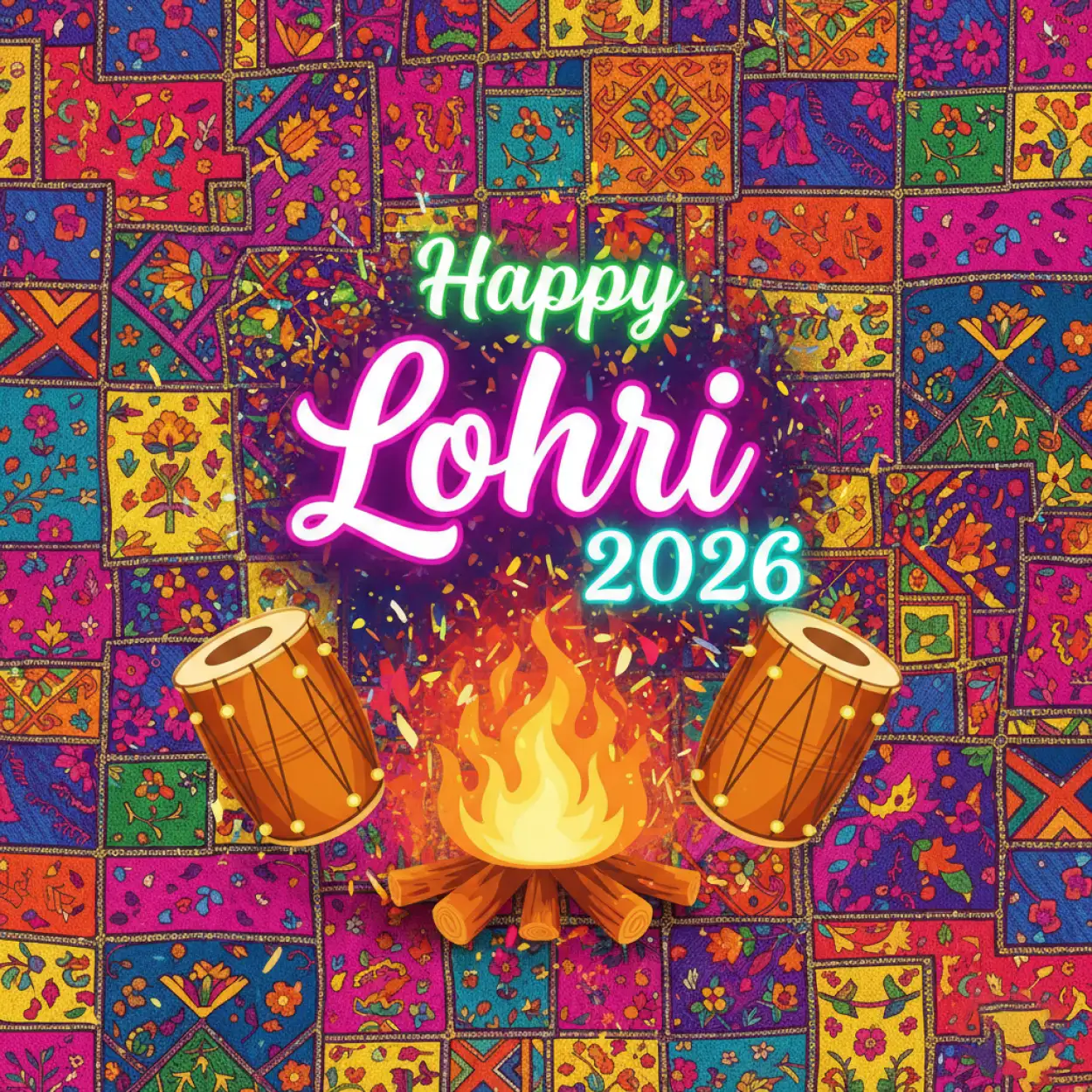 Free Download Happy Lohri 2026 Greeting With Dhol - High Quality Happy Lohri 2026 Greetings Image