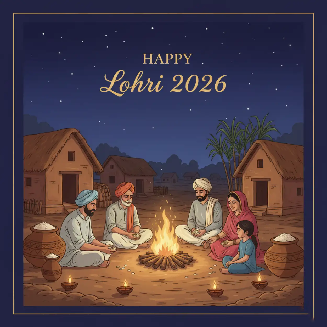 Free Download Happy Lohri 2026 Greetings Rural Village Theme - High Quality Happy Lohri 2026 Greetings Image