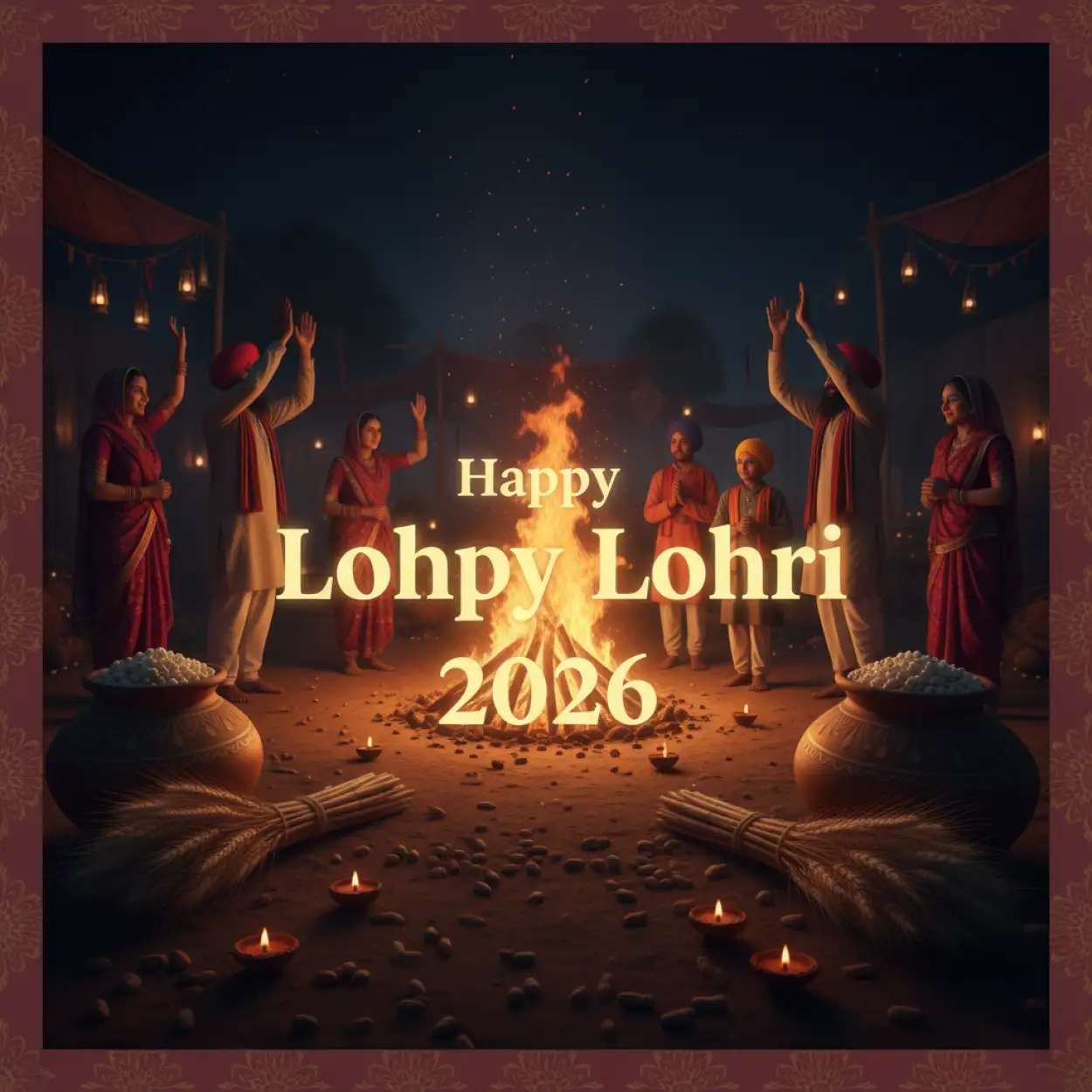 Free Download Happy Lohri 2026 Greetings With Bonfire - High Quality Happy Lohri 2026 Greetings Image