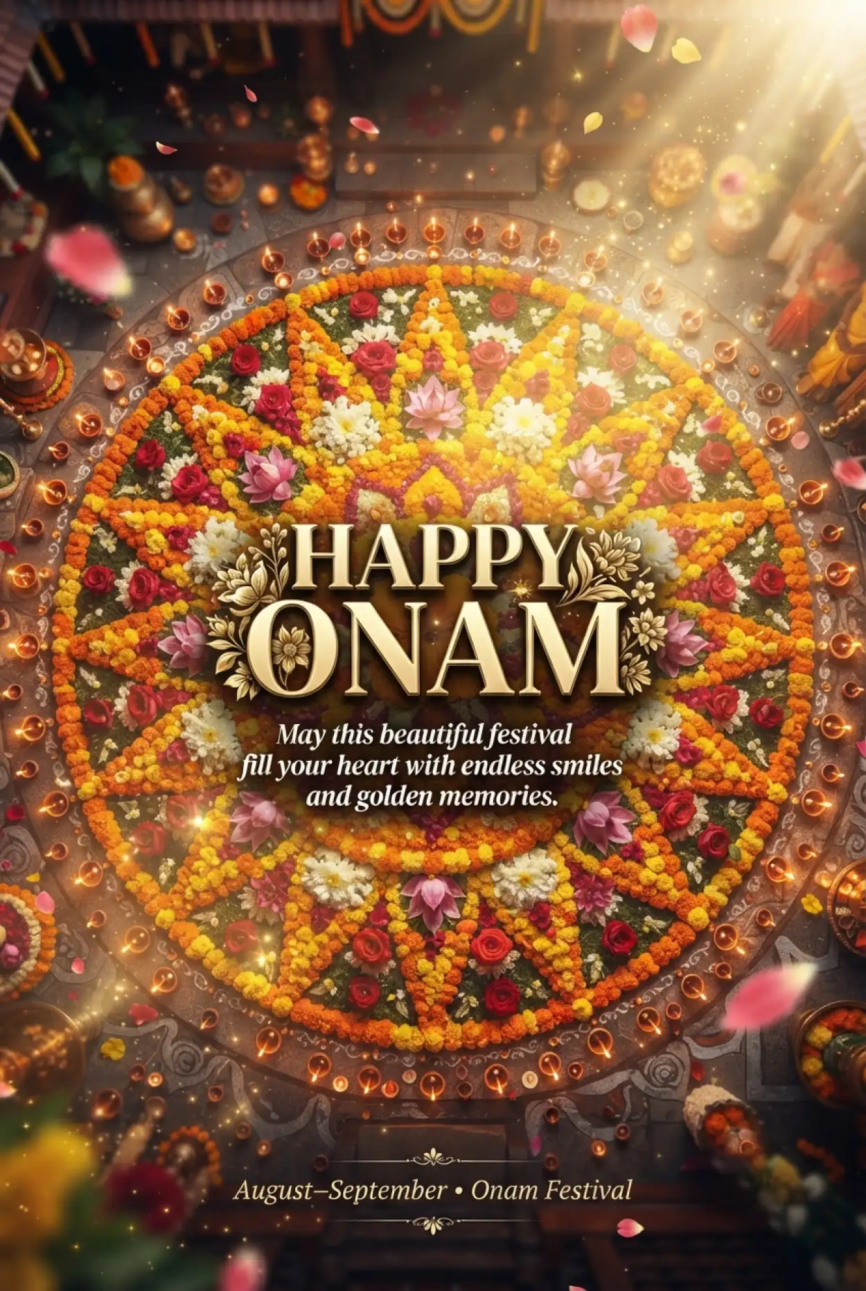 Free Download Happy Onam 2026 Pookalam Wishes - High Quality Happy Onam 2026 Image