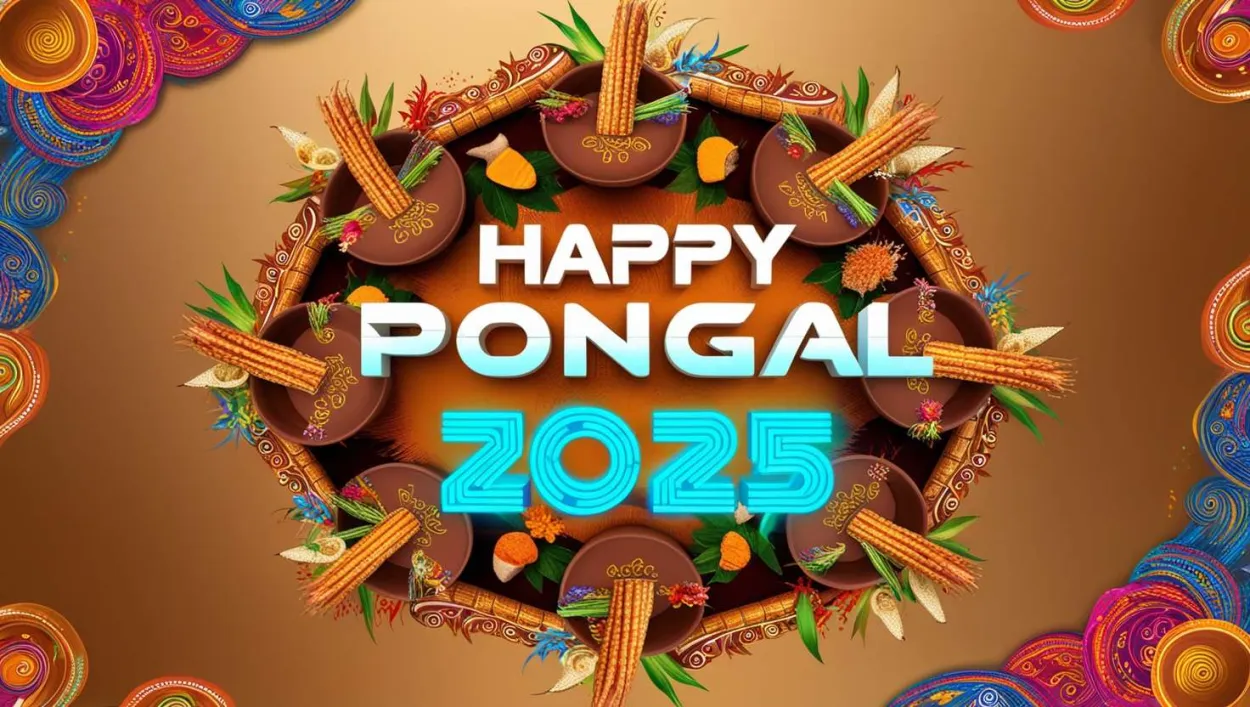 Free Download Happy Pongal Greetings 2025 With Sugarcane And Rangoli - High Quality Happy Pongal Greetings 2025 Background
