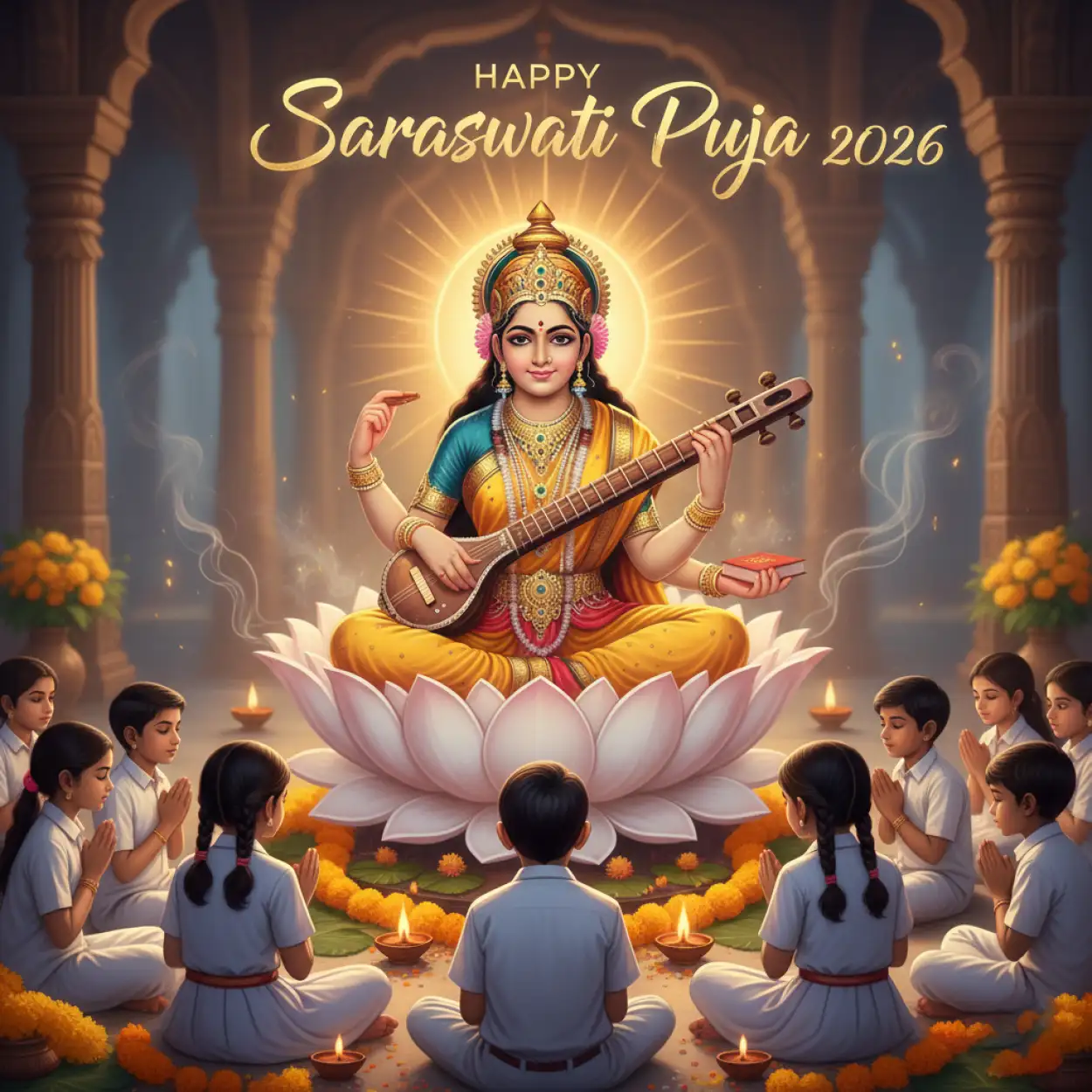 Free Download Happy Saraswati Puja 2026 Hindu Festival Poster - High Quality Happy Saraswati Puja 2026 Background