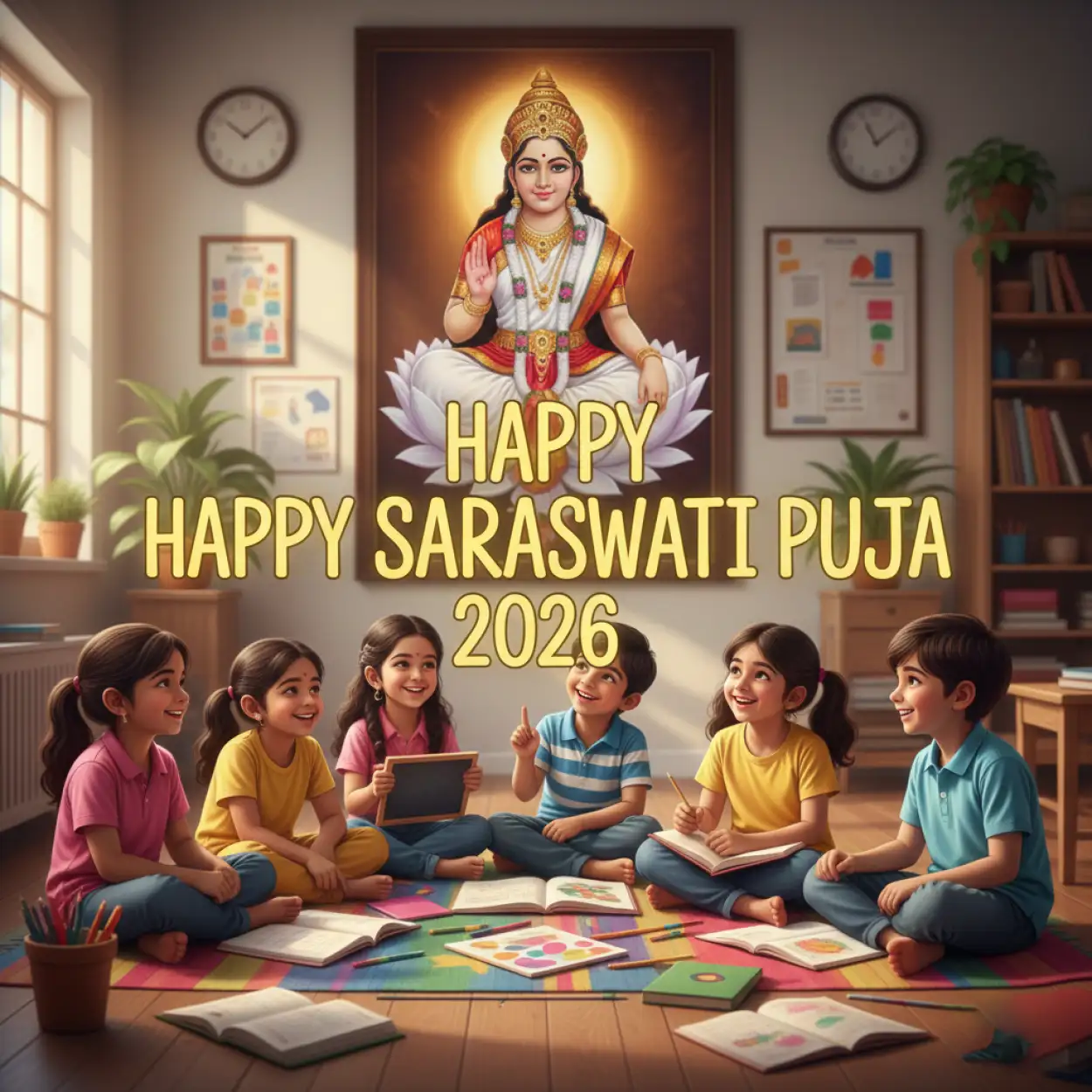 Free Download Happy Saraswati Puja 2026 Kids Illustration - High Quality Happy Saraswati Puja 2026 Background