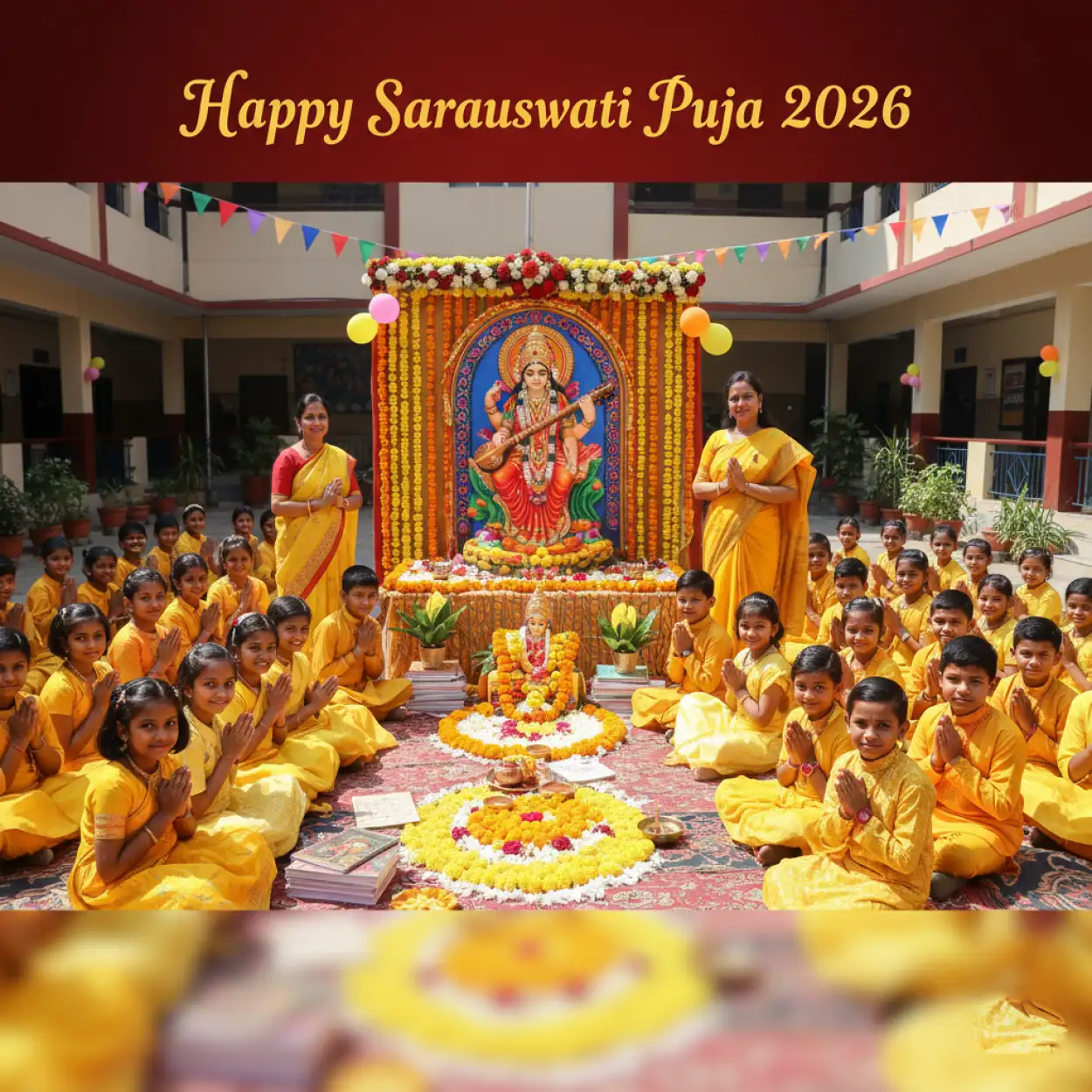 Free Download Happy Saraswati Puja 2026 Students Praying Image - High Quality Happy Saraswati Puja 2026 Background