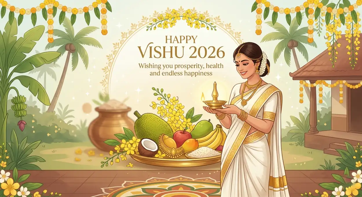 Free Download Happy Vishu 2026 Wishes Fruits And Mirror Vishukkani Images - High Quality Happy Vishu 2026 Wishes Image