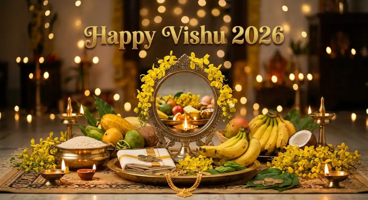Free Download Happy Vishu 2026 Wishes Images With Lamp And Fruits - High Quality Happy Vishu 2026 Wishes Image