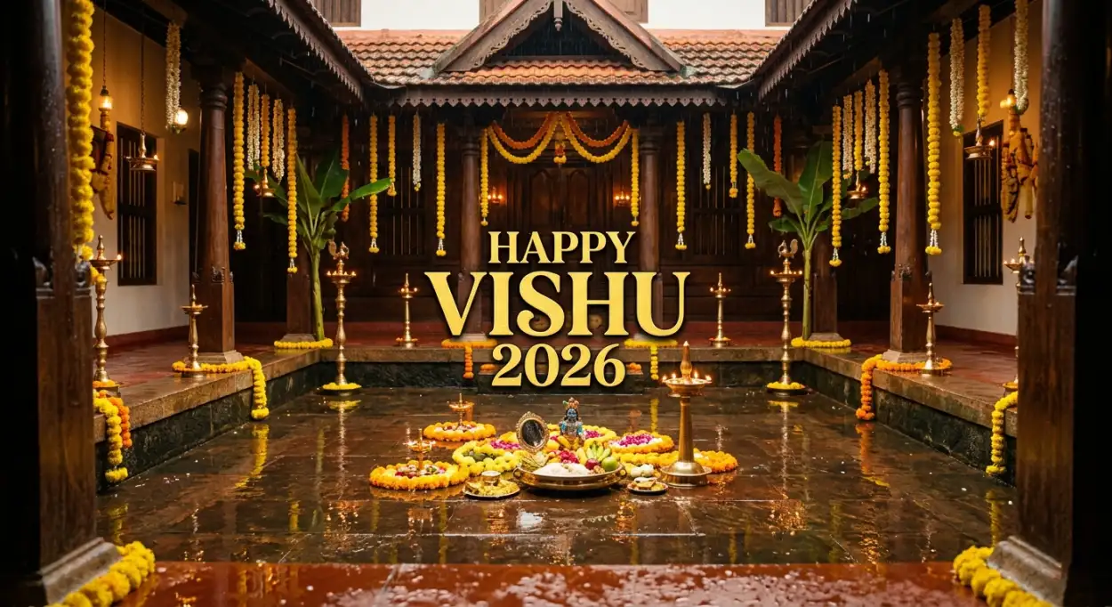 Free Download Happy Vishu 2026 Wishes Images With Temple And Diya Background - High Quality Happy Vishu 2026 Wishes Background Image