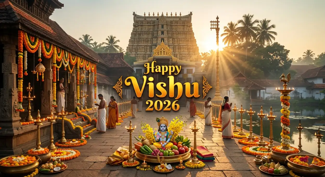 Free Download Happy Vishu 2026 Wishes Temple Background Images - High Quality Happy Vishu 2026 Wishes Background Image