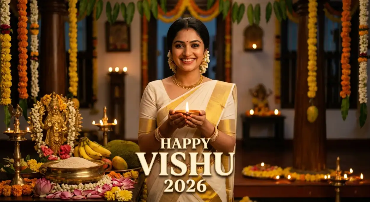 Free Download Happy Vishu 2026 Wishes Traditional Kerala Dress Images - High Quality Happy Vishu 2026 Wishes Image