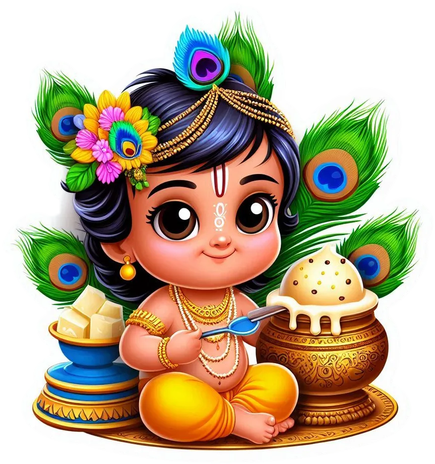 High Resolution Happy Krishna Janmashtami Png Featuring Baby Krishna Eating Butter Dahi Handi And Peacock Feather - Royalty Free Happy Krishna Janmashtami Image | Pngmagic Free Download High Resolution Happy Krishna Janmashtami Png Featuring Baby Krishna Eating Butter Dahi Handi And Peacock Feather - High Quality Happy Krishna Janmashtami PNG Image