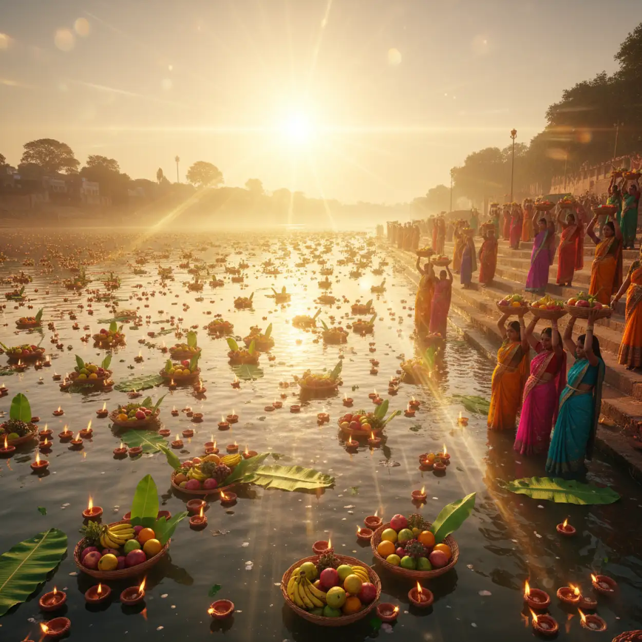 Free Download Hindu Festival Chhath Puja Background With Women Praying - High Quality Chhath Puja Background Background Image