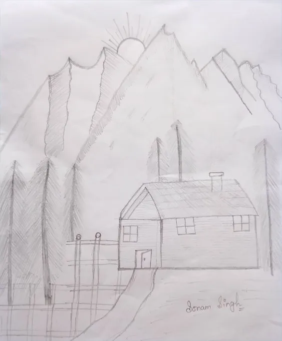 Free Download Hut Drawing With Mountain For Kids - High Quality Drawing Sketch Background