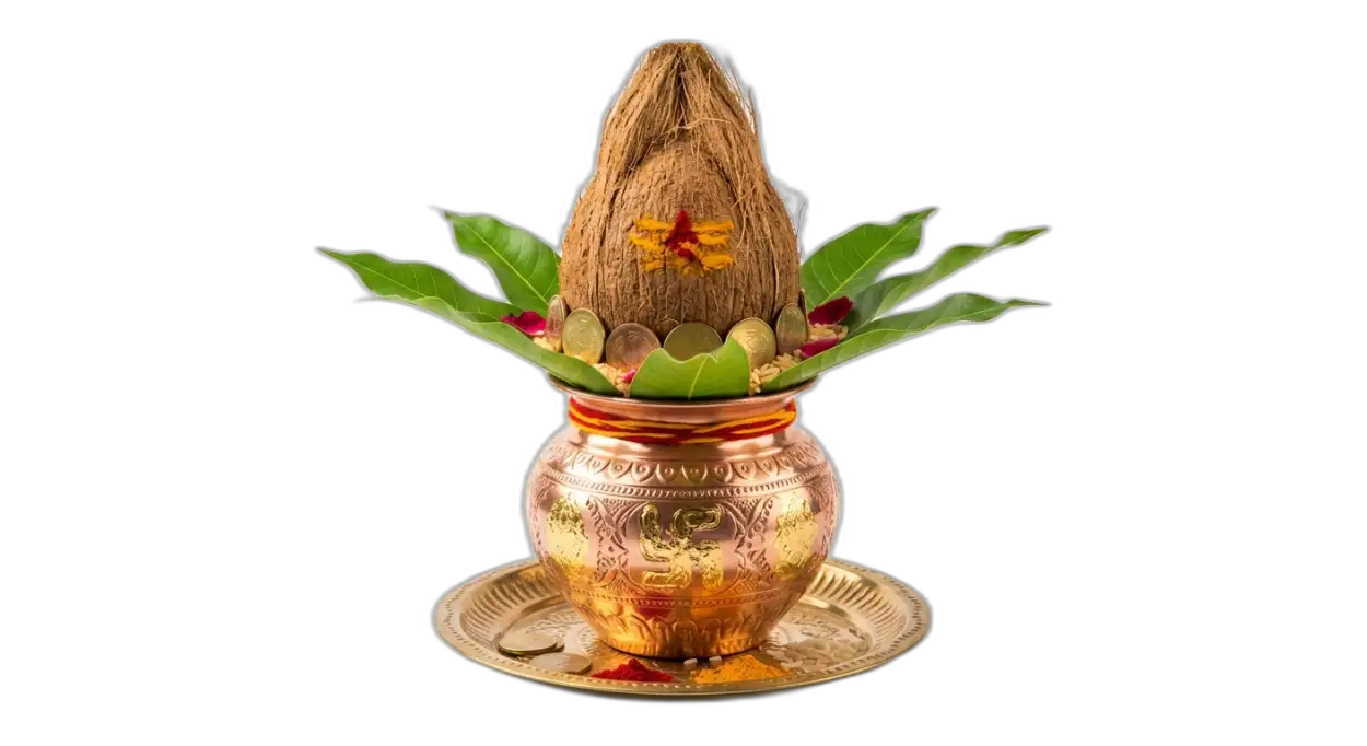 Free Download Kalash With Coconut And Gold Coins Png Transparent - High Quality Golden Puja Kalash With Gold Coins Png Transparent PNG