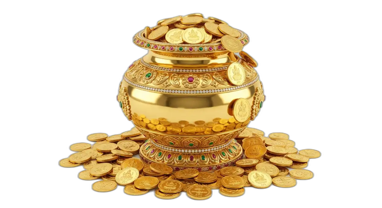 Free Download Kalash With Stacked Gold Coins Png Hd - High Quality Golden Puja Kalash With Gold Coins Png Transparent PNG