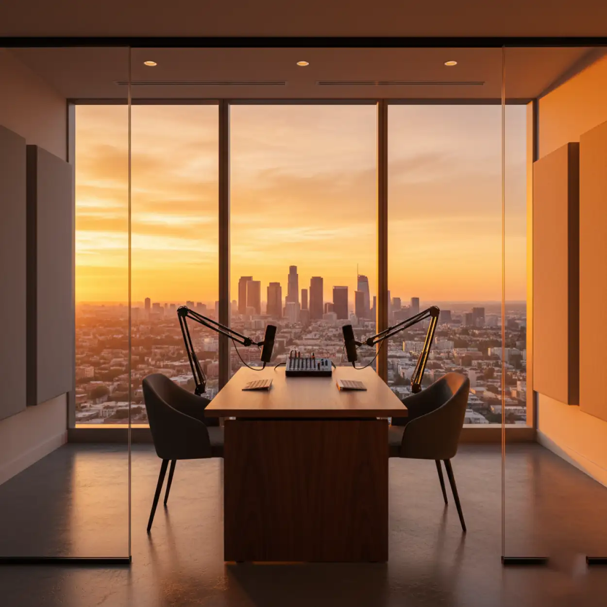 Free Download Luxury Corporate Podcast Studio Background With City Skyline View - High Quality Podcast Studio Background Background Image