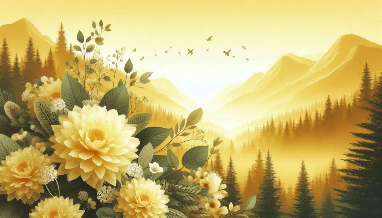 Free Download Minimalist Light Yellow Background With Flower And Mounten - High Quality Background