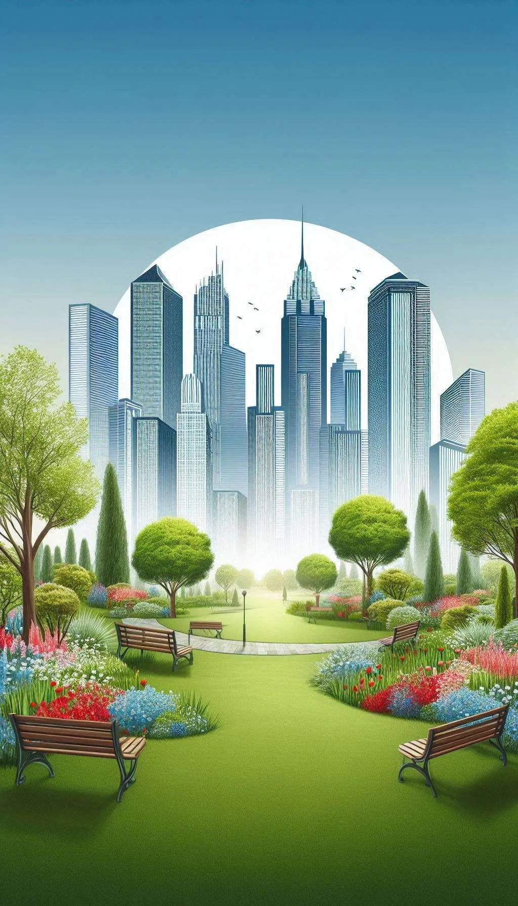 Nature And Urban Cityscape Mobile Wallpaper With A Peaceful Garden And Skyscrapers - Royalty Free Mobile Wallpaper Image | Pngmagic Free Download Nature And Urban Cityscape Mobile Wallpaper With A Peaceful Garden And Skyscrapers - High Quality Mobile Wallpaper Background