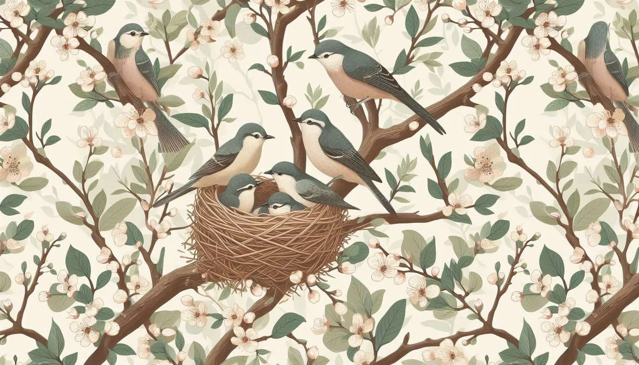 Nature-inspired Spring Wallpaper With Birds Tending Nests In A Blooming Tree - Royalty Free Image | Pngmagic Free Download Nature-inspired Spring Wallpaper With Birds Tending Nests In A Blooming Tree - High Quality Background