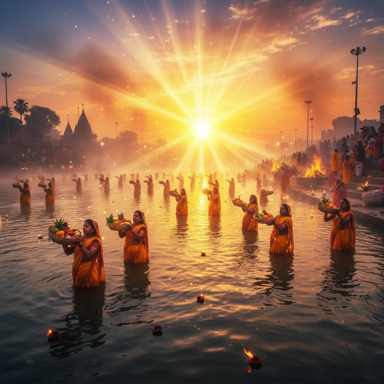 Free Download Peaceful River Water Chhath Puja Background With Diya Light - High Quality Chhath Puja Background Background Image