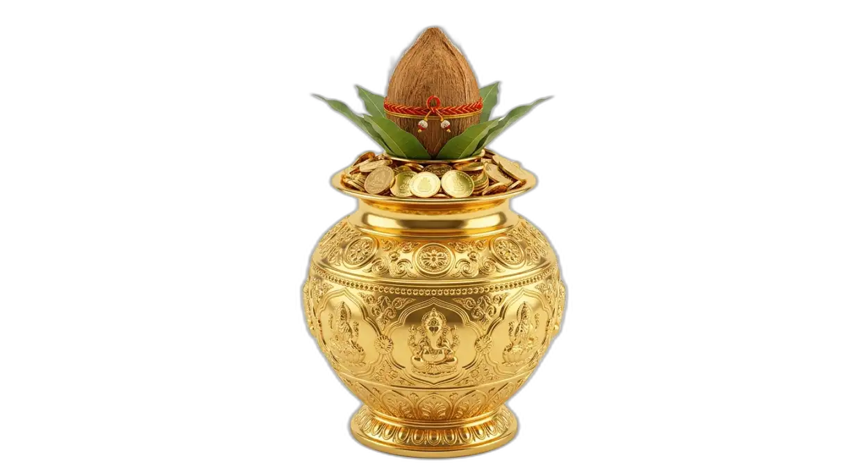 Free Download Png Image Of Kalash With Gold Coins And Coconut - High Quality Golden Puja Kalash With Gold Coins Png Transparent PNG