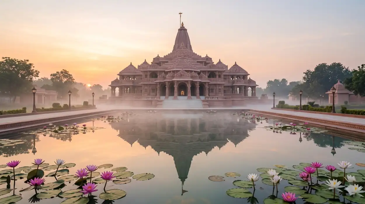 Free Download Ram Navami Wishes 2026 With Temple Background - High Quality Ram Navami Wishes 2026 Background Image