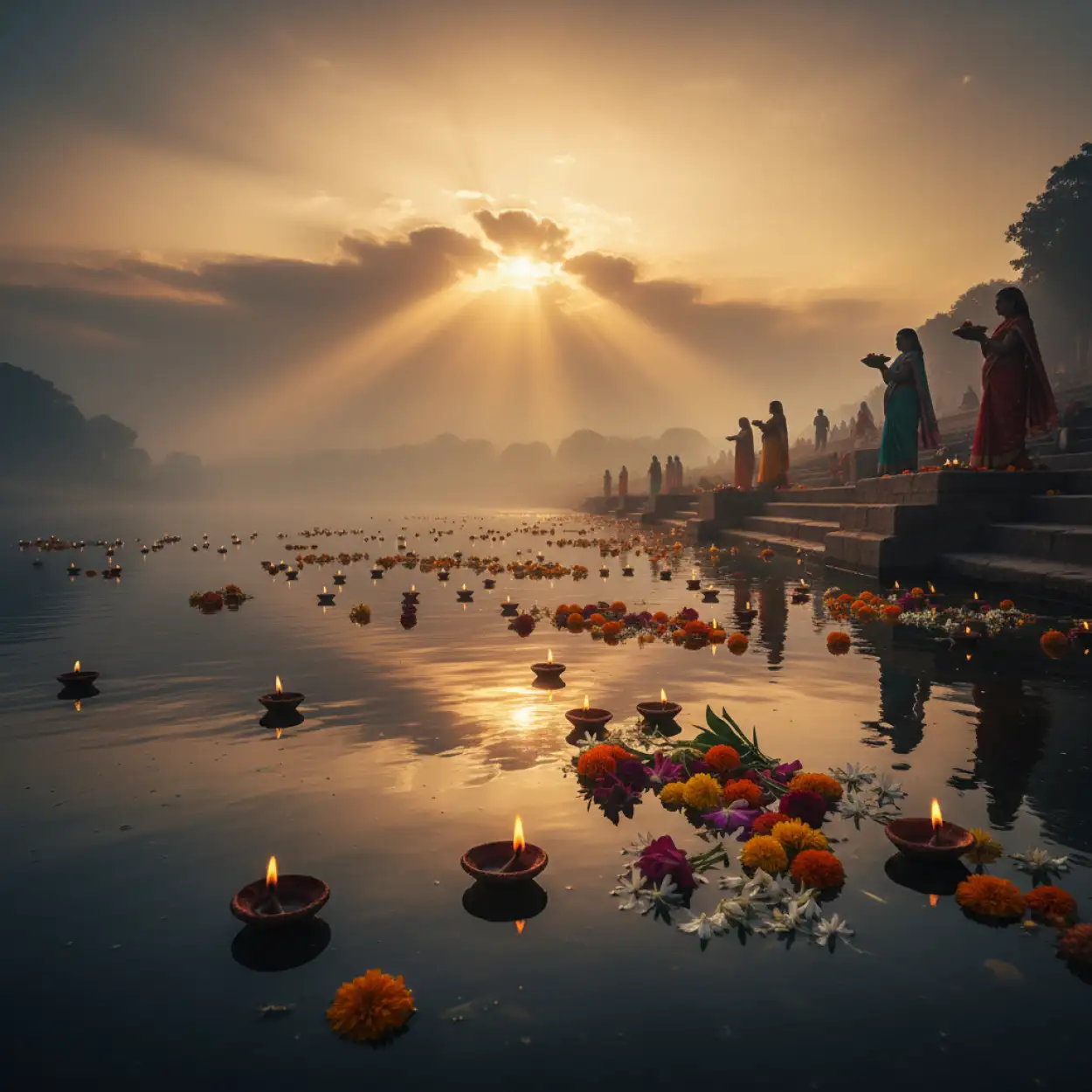 Free Download Realistic Chhath Puja Wallpaper Background With Sun And River - High Quality Chhath Puja Background Background Image