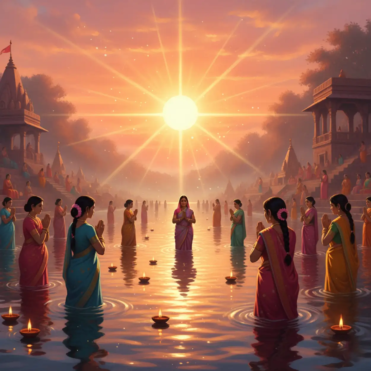 Free Download Realistic Women Offering Arghya Chhath Puja Background - High Quality Chhath Puja Background Background Image