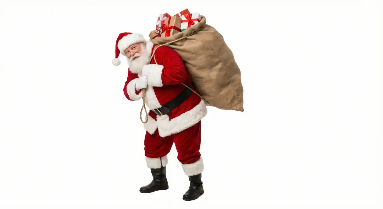 Free Download Santa Claus With Golden Gift Box Png - High Quality Santa Claus With Gifts Png Transparent PNG