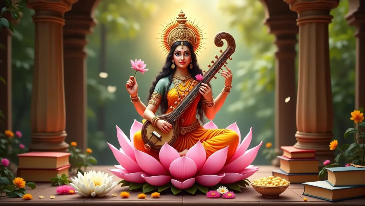 Saraswati Puja Wallpapers With Books, Veena, And Flowers - Royalty Free Saraswati Puja Wallpapers Image | Pngmagic Free Download Saraswati Puja Wallpapers With Books, Veena, And Flowers - High Quality Saraswati Puja Wallpapers Background