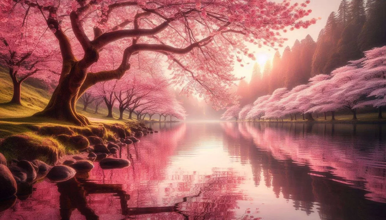 Free Download Serene Nature Wallpaper Featuring Cherry Blossom Trees In Bloom By A Calm Lake - High Quality Nature Background Background