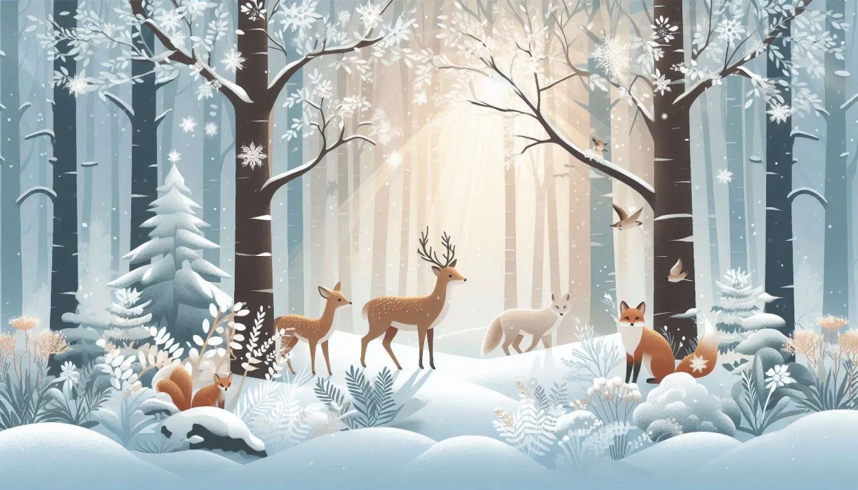 Snowy Forest Scene With Animals Like Deer And Foxes Under Soft Sunlight - Royalty Free Nature Background Image | Pngmagic Free Download Snowy Forest Scene With Animals Like Deer And Foxes Under Soft Sunlight - High Quality Nature Background Background