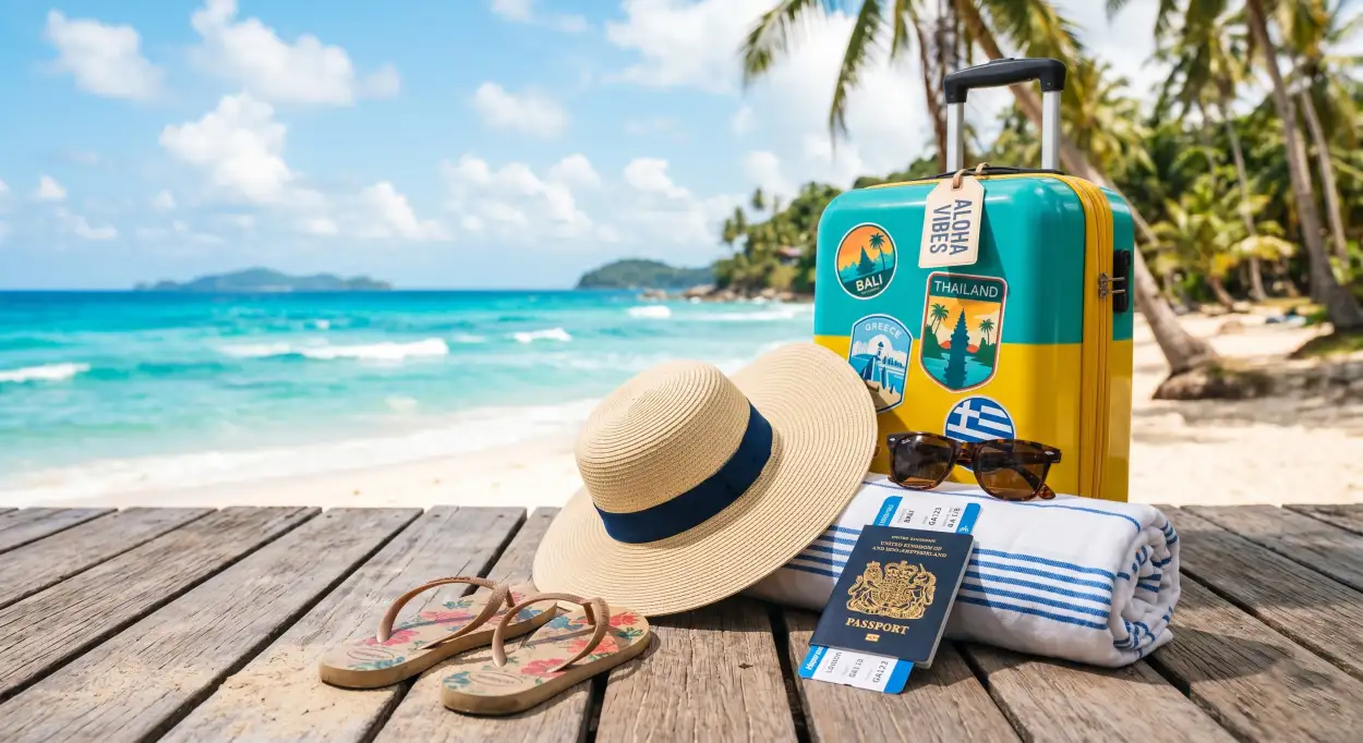 Free Download Summer Travel Background With Passport And Beach Hat - High Quality Summer Background Background Image
