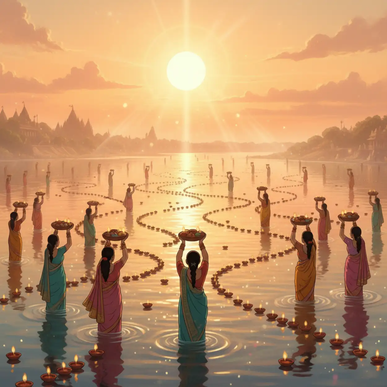 Free Download Sunrise Chhath Puja Background With Sun Reflection - High Quality Hhath Puja Background Background Image