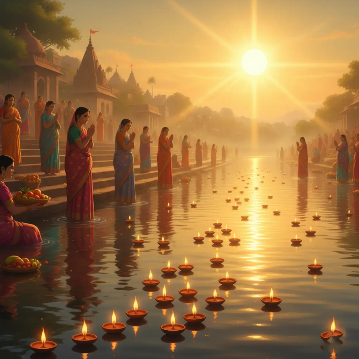 Free Download Sunset Chhath Puja Background With Colorful Sky And Lamps - High Quality Chhath Puja Background Background Image