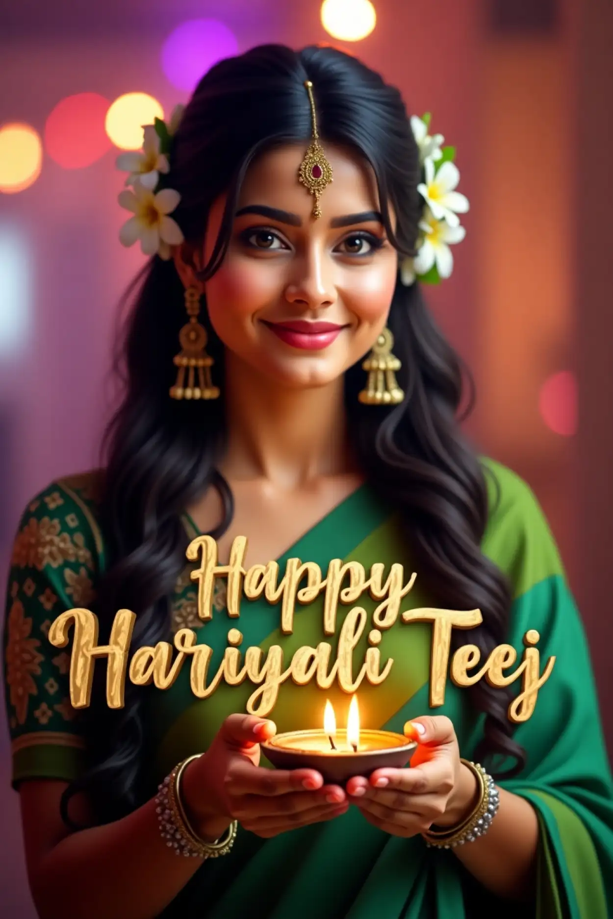 Free Download Teej Woman Photo With Festival Text - High Quality Happy Hariyali Teej Wishes 2025 Background